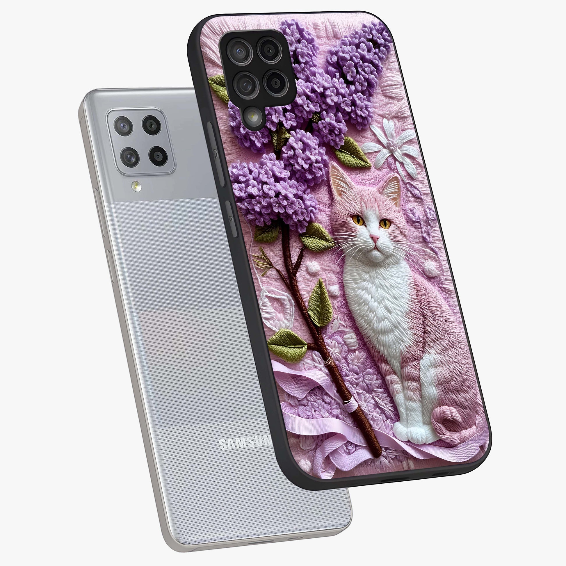 Lavender Cat Whimsy Glass Case displayed in angled mockup highlighting playful feline illustration with pastel lavender aesthetic.