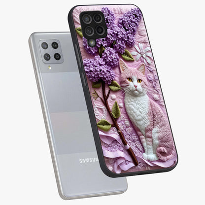 Lavender Cat Whimsy Glass Case displayed in angled mockup highlighting playful feline illustration with pastel lavender aesthetic.