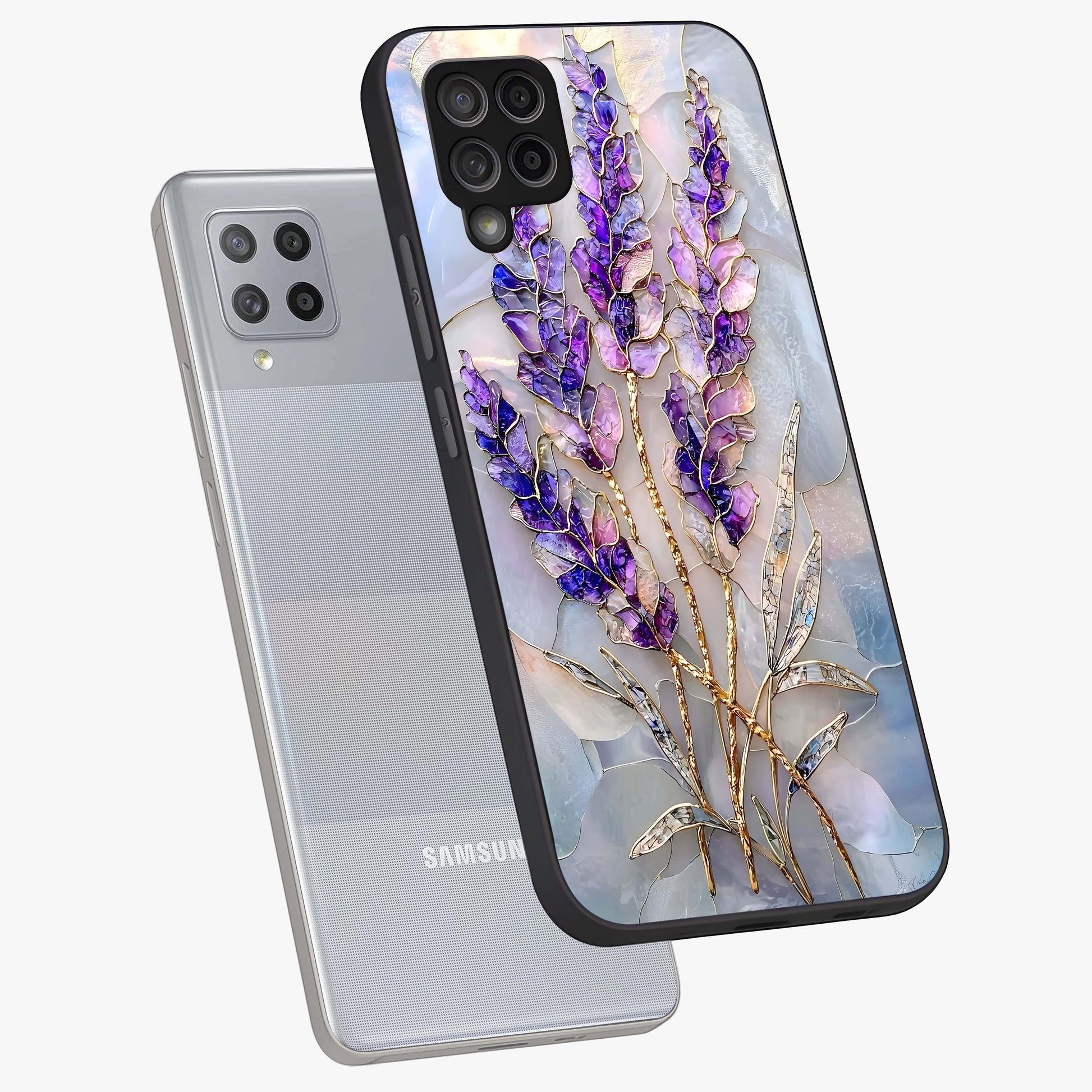Lavender Dream Glow Glass Case displayed in angled mockup highlighting dreamy purple glow design with soft artistic style.