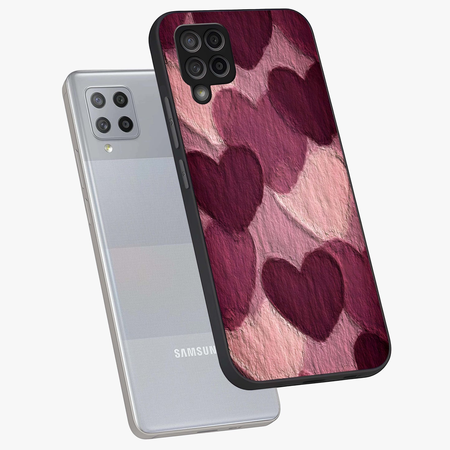 Layered Paper Hearts Glass Case displayed in angled mockup highlighting creative paper craft heart design with romantic aesthetic.
