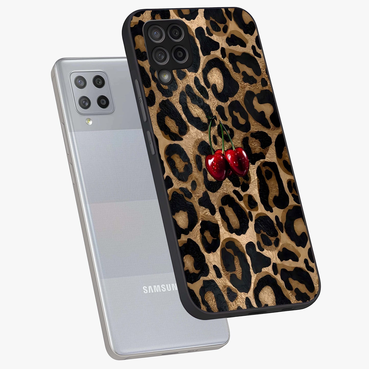 Leopard Wild Cherry Glass Case displayed in angled mockup highlighting bold animal print design with playful cherry aesthetic.