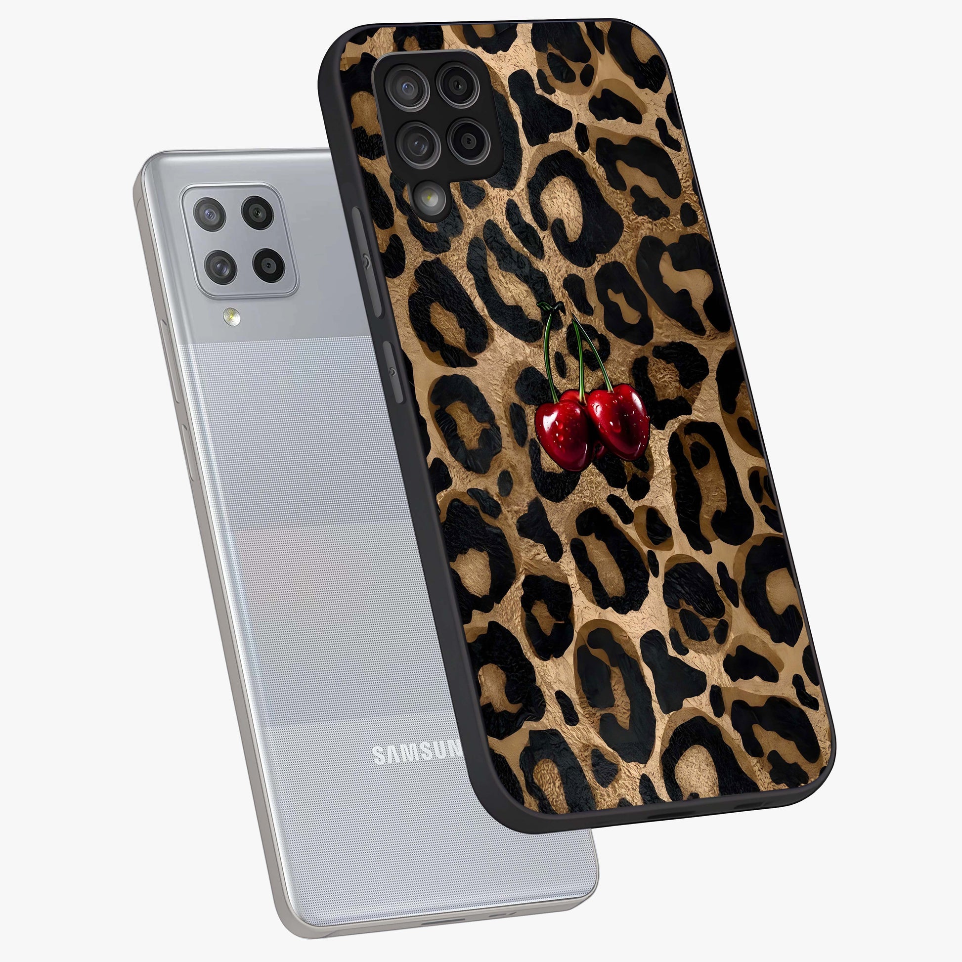 Leopard Wild Cherry Glass Case displayed in angled mockup highlighting bold animal print design with playful cherry aesthetic.