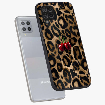 Leopard Wild Cherry Glass Case displayed in angled mockup highlighting bold animal print design with playful cherry aesthetic.