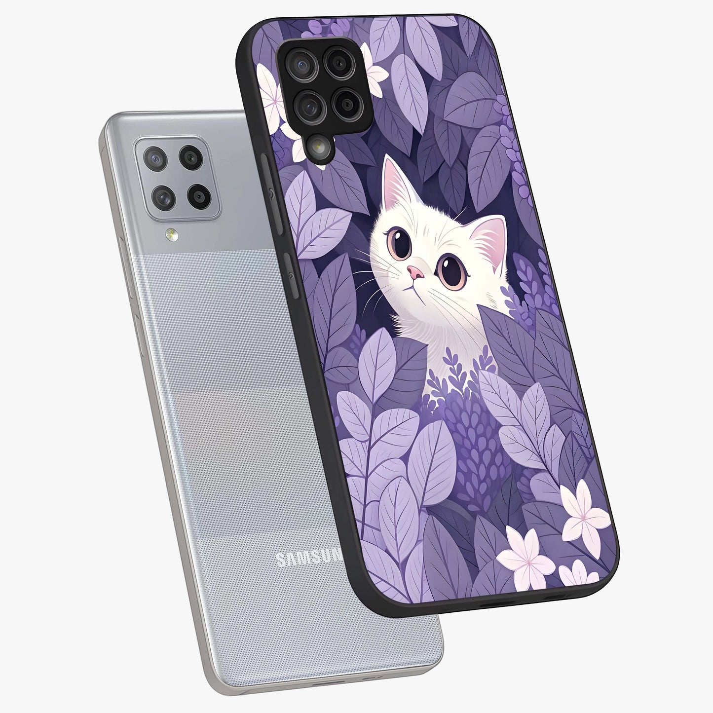 Lilac Hide Peek Cat Glass Case displayed in angled mockup highlighting playful feline illustration with lilac aesthetic design.