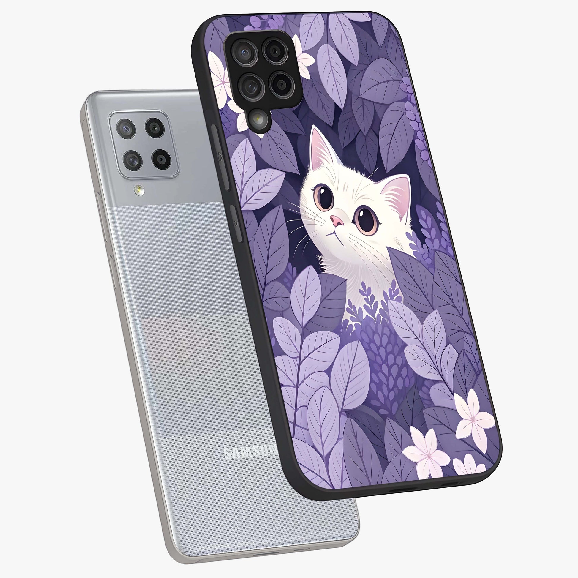Lilac Hide Peek Cat Glass Case displayed in angled mockup highlighting playful feline illustration with lilac aesthetic design.