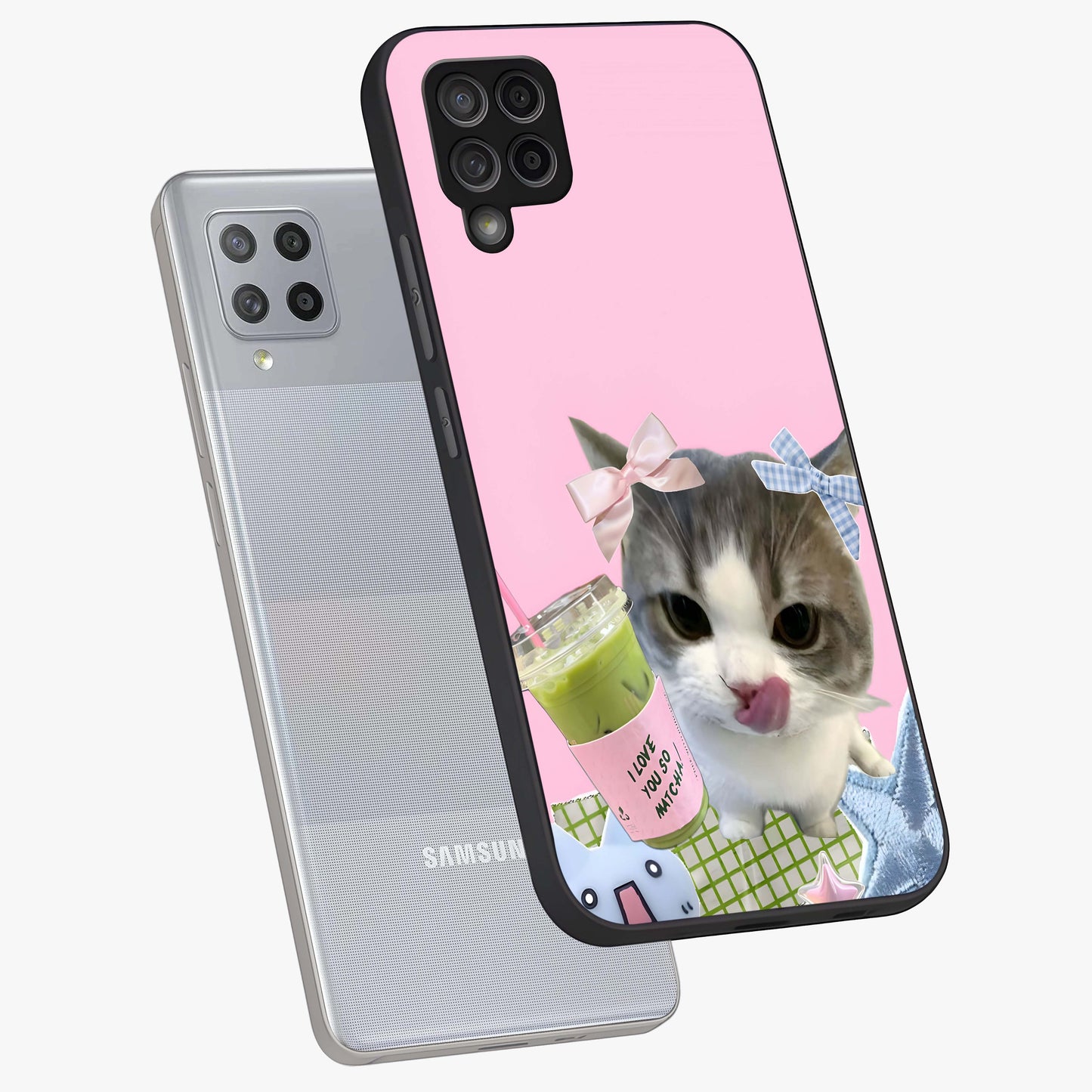 Love Matcha Cat Glass Case displayed in angled mockup highlighting playful feline illustration with cozy matcha aesthetic.