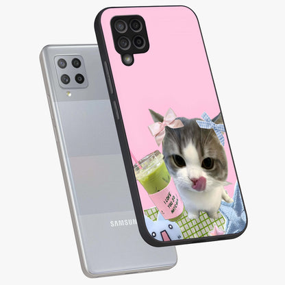 Love Matcha Cat Glass Case displayed in angled mockup highlighting playful feline illustration with cozy matcha aesthetic.