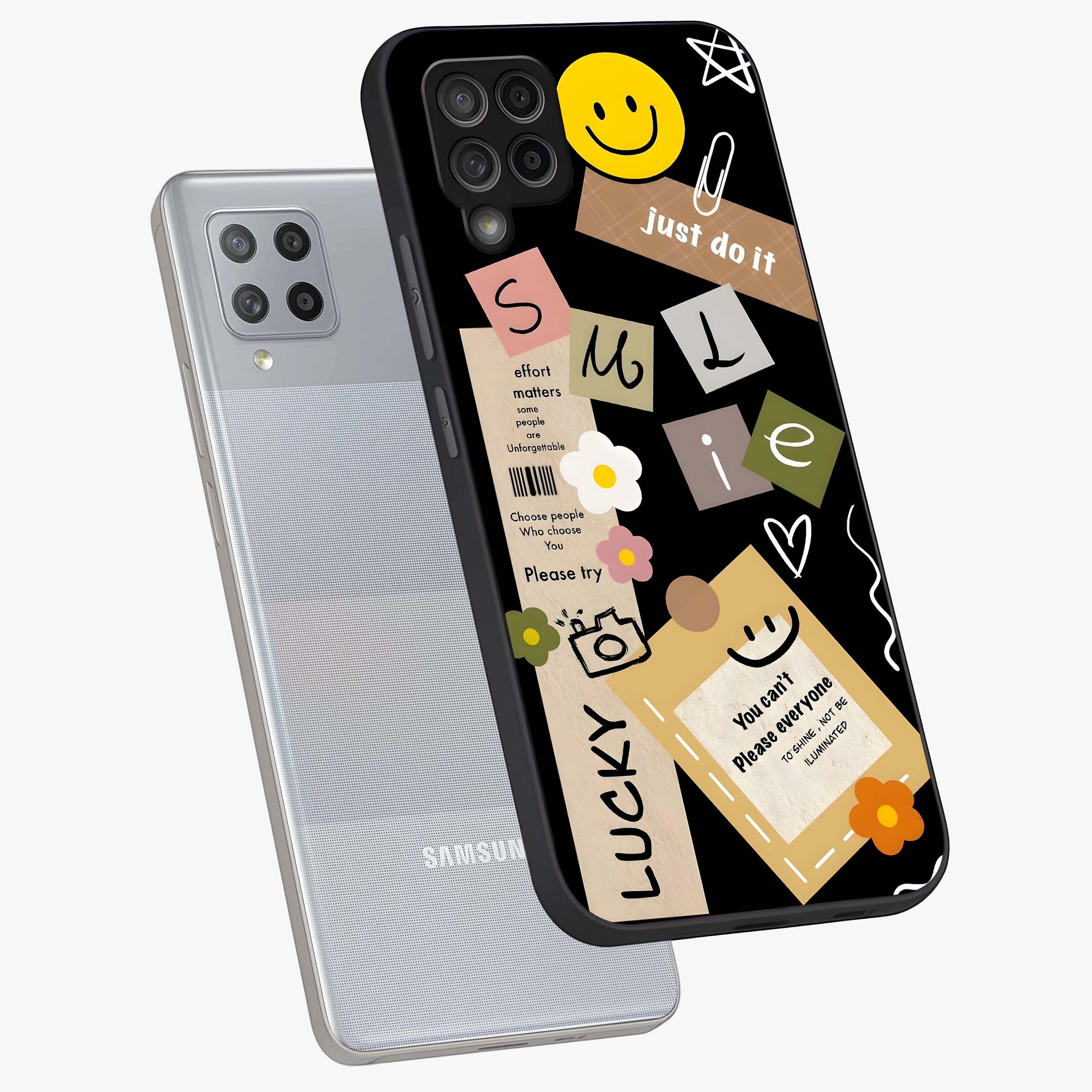 Lucky Aesthetic Collage Glass Case displayed in angled mockup highlighting stylish collage pattern with modern aesthetic vibe.
