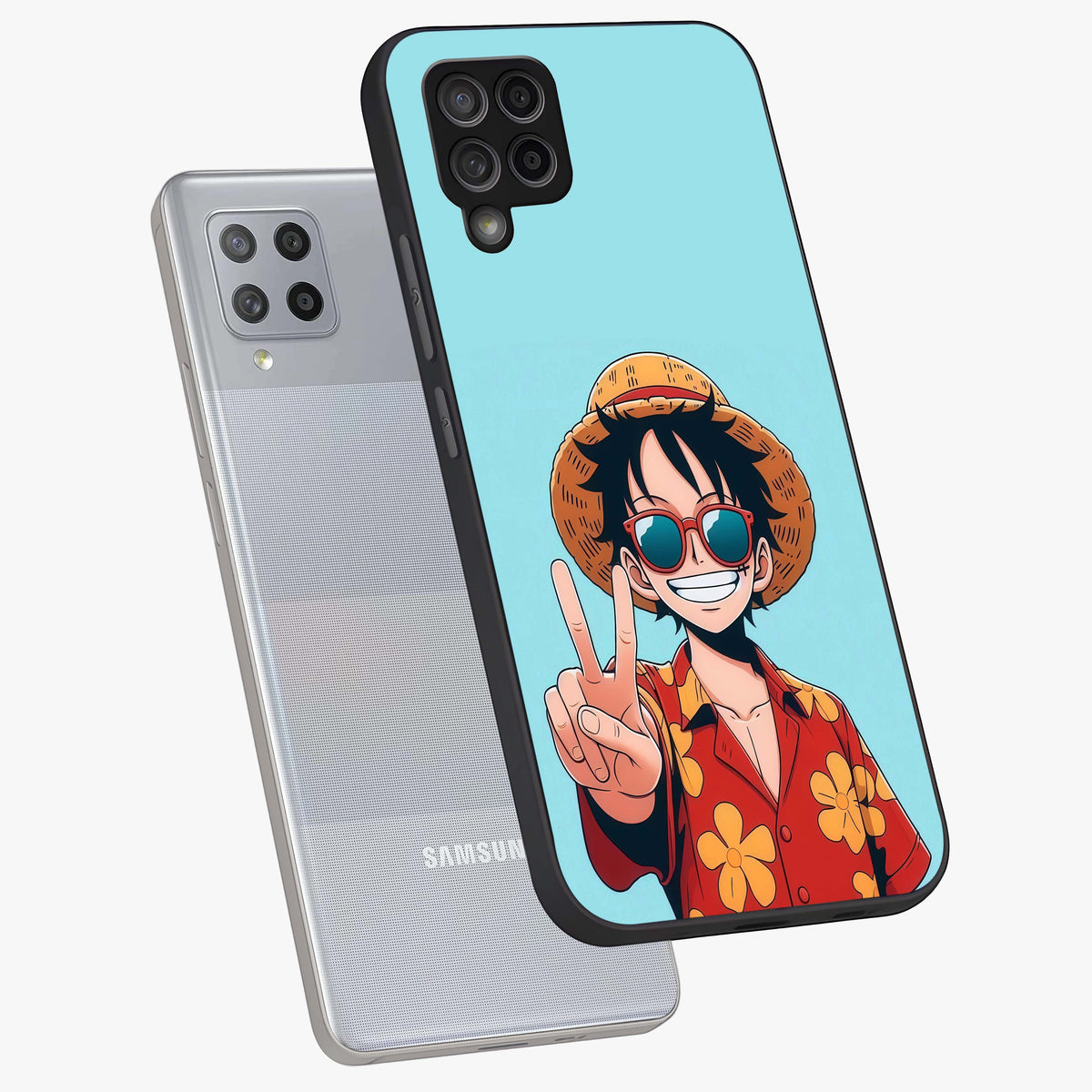 Luffy Summer Anime Vibe Glass Case displayed in angled mockup highlighting energetic anime illustration with summer vibe aesthetic.