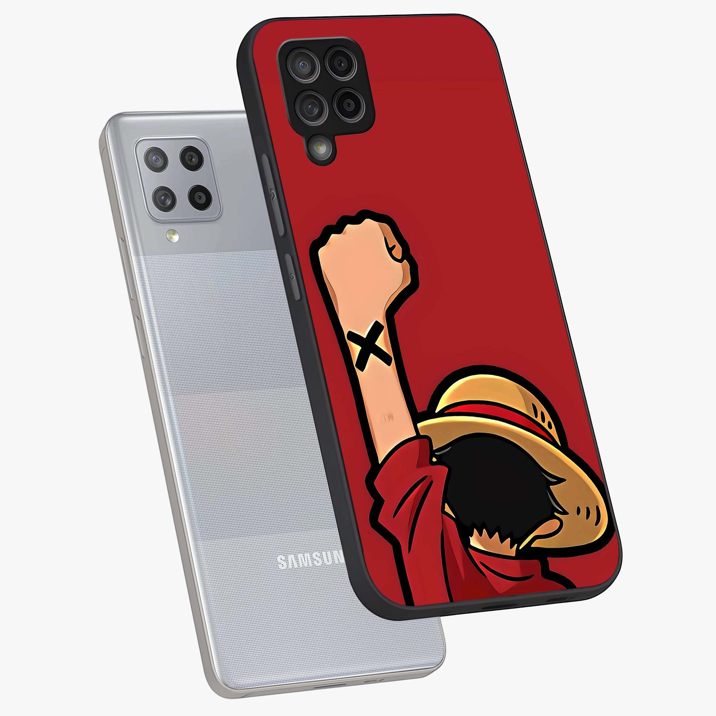 Luffy X Spirit Glass Case displayed in angled mockup highlighting powerful anime design with energetic action aesthetic.