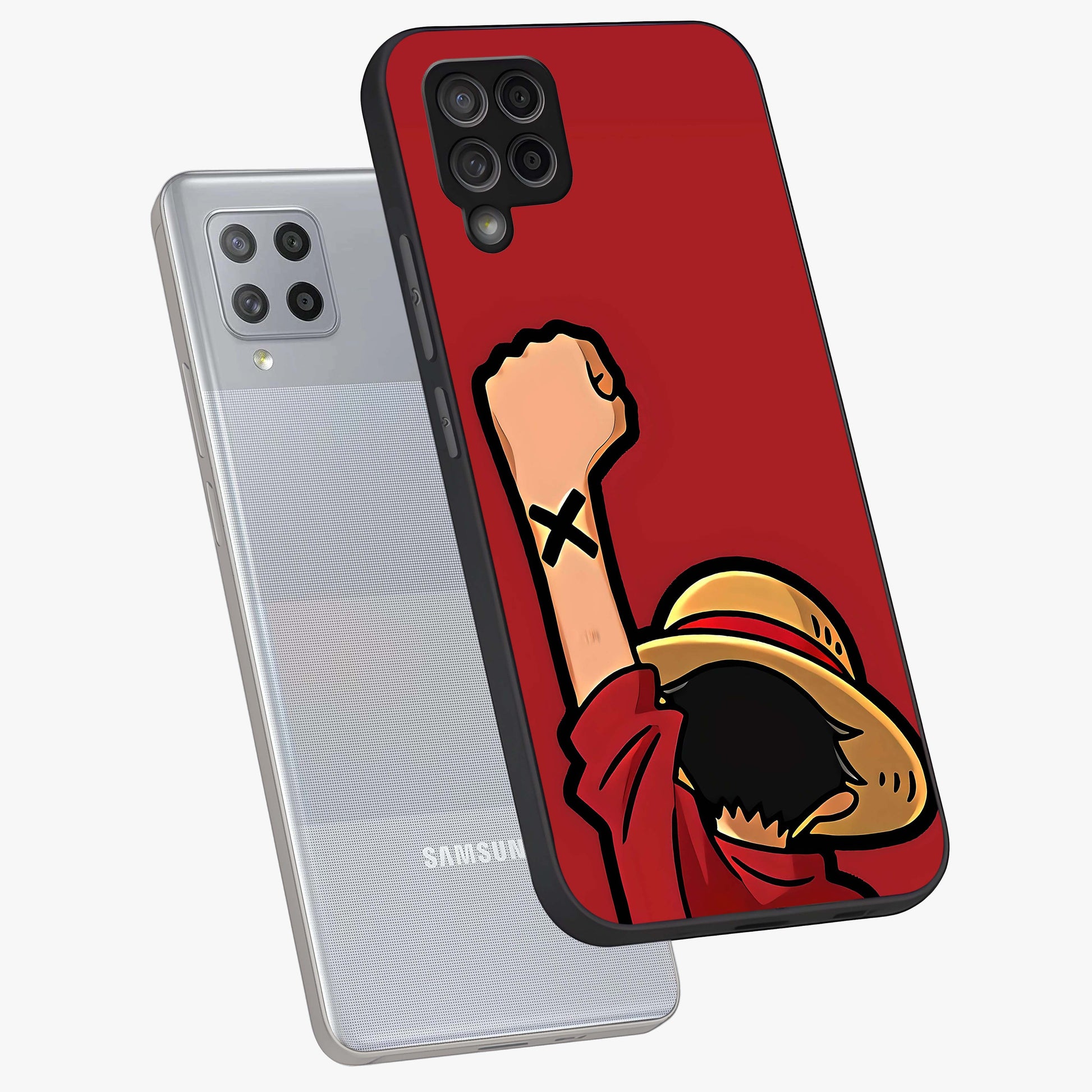Luffy X Spirit Glass Case displayed in angled mockup highlighting powerful anime design with energetic action aesthetic.