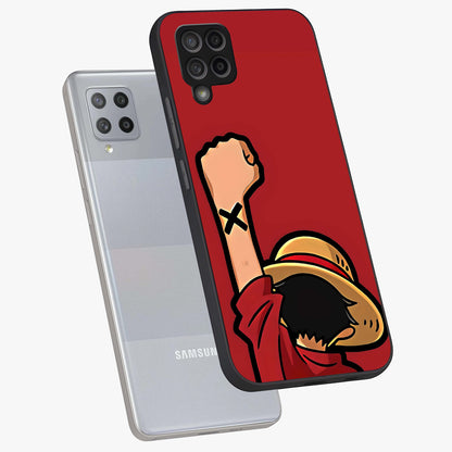 Luffy X Spirit Glass Case displayed in angled mockup highlighting powerful anime design with energetic action aesthetic.