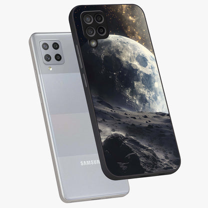 Lunar Horizon Glow Glass Case displayed in angled mockup highlighting celestial moon design with dreamy night aesthetic.