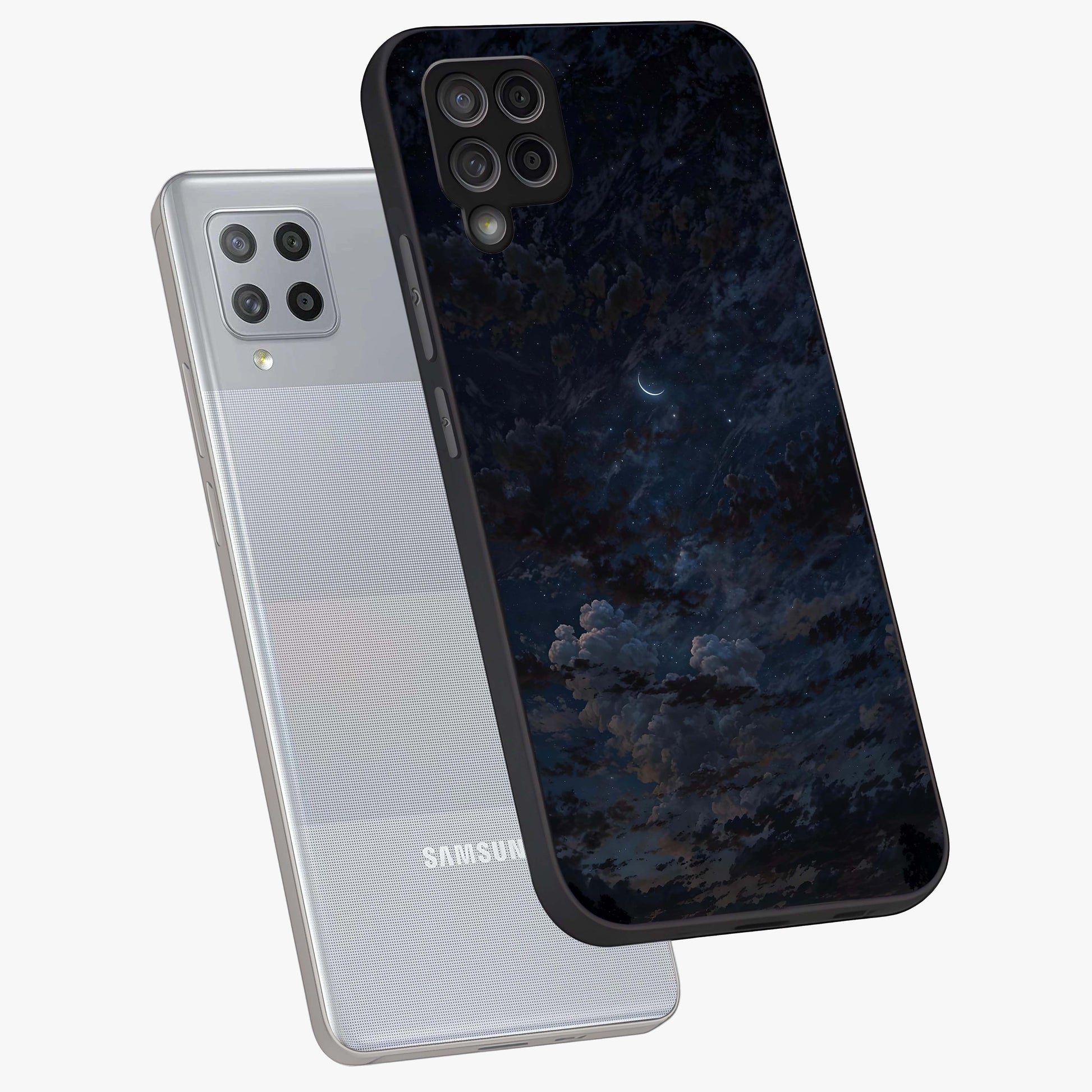 Lunar Veil Silence Glass Case displayed in angled mockup highlighting soft lunar design with peaceful celestial aesthetic.