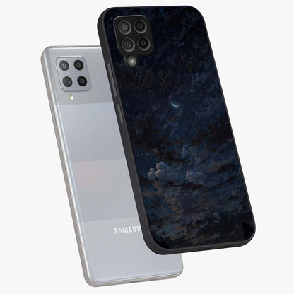 Lunar Veil Silence Glass Case displayed in angled mockup highlighting soft lunar design with peaceful celestial aesthetic.