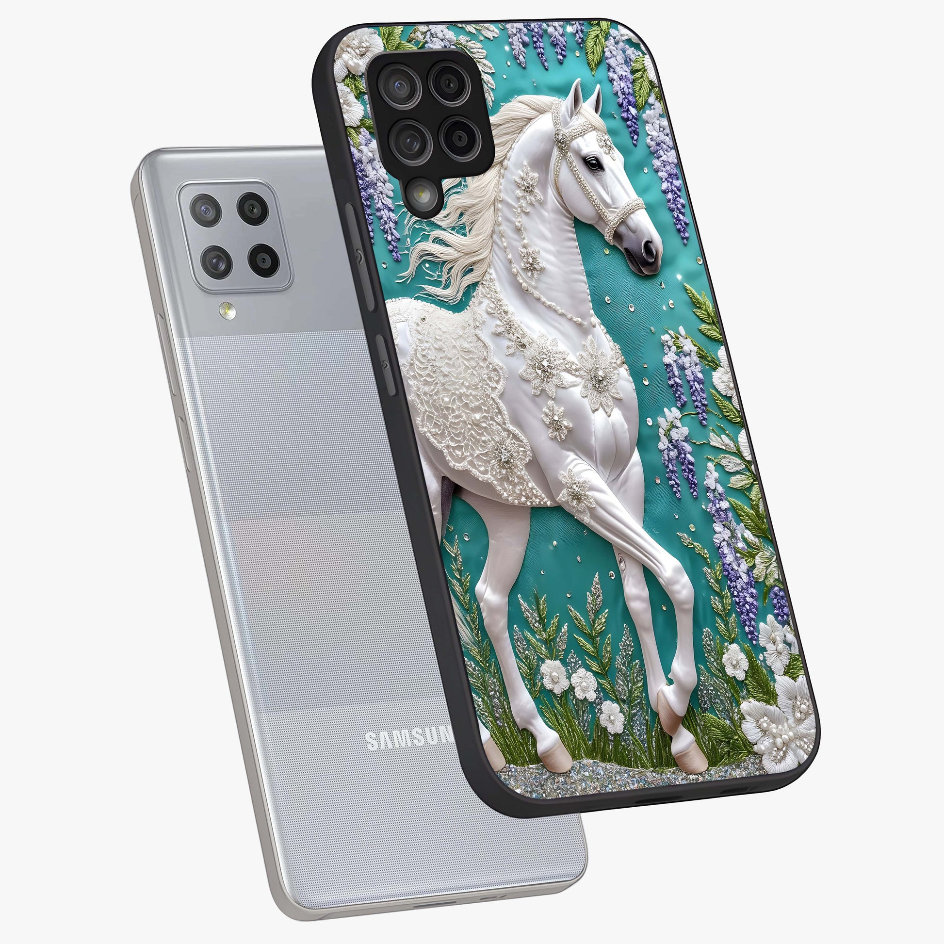 Majestic Floral Stallion Glass Case displayed in angled mockup highlighting majestic stallion illustration with elegant floral aesthetic.