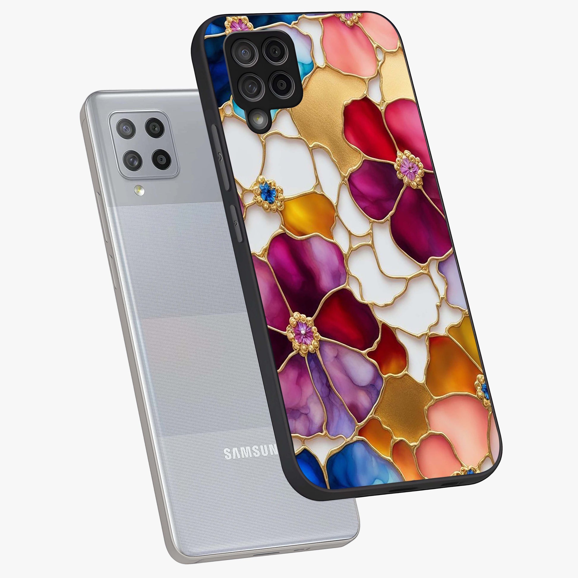 Marble Flower Pattern Glass Case displayed in angled mockup highlighting elegant marble floral design with modern aesthetic.