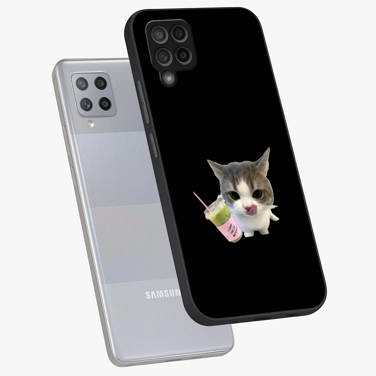 Matcha Cat Style Glass Case displayed in angled mockup highlighting playful feline design with pastel matcha aesthetic.