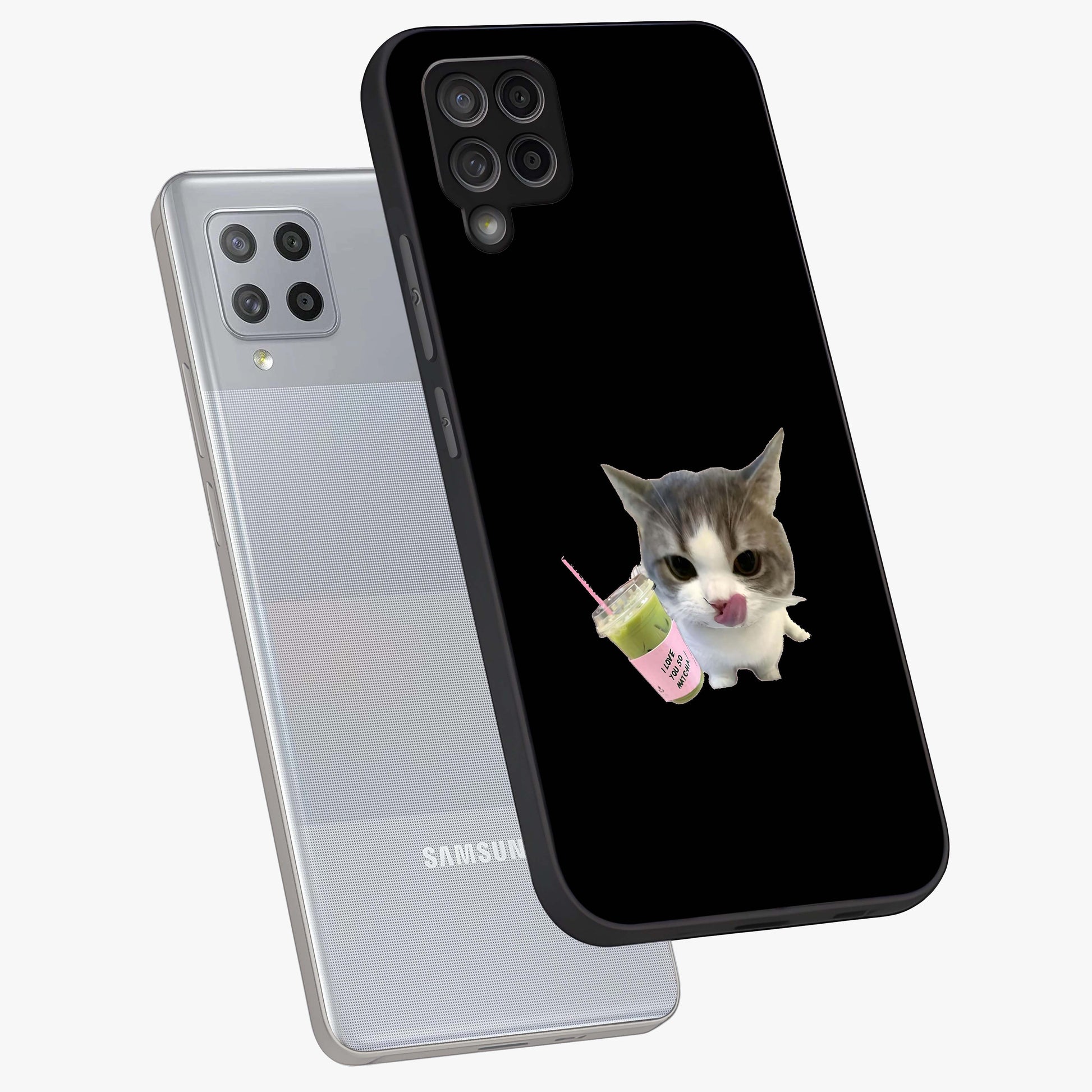 Matcha Cat Style Glass Case displayed in angled mockup highlighting playful feline design with pastel matcha aesthetic.