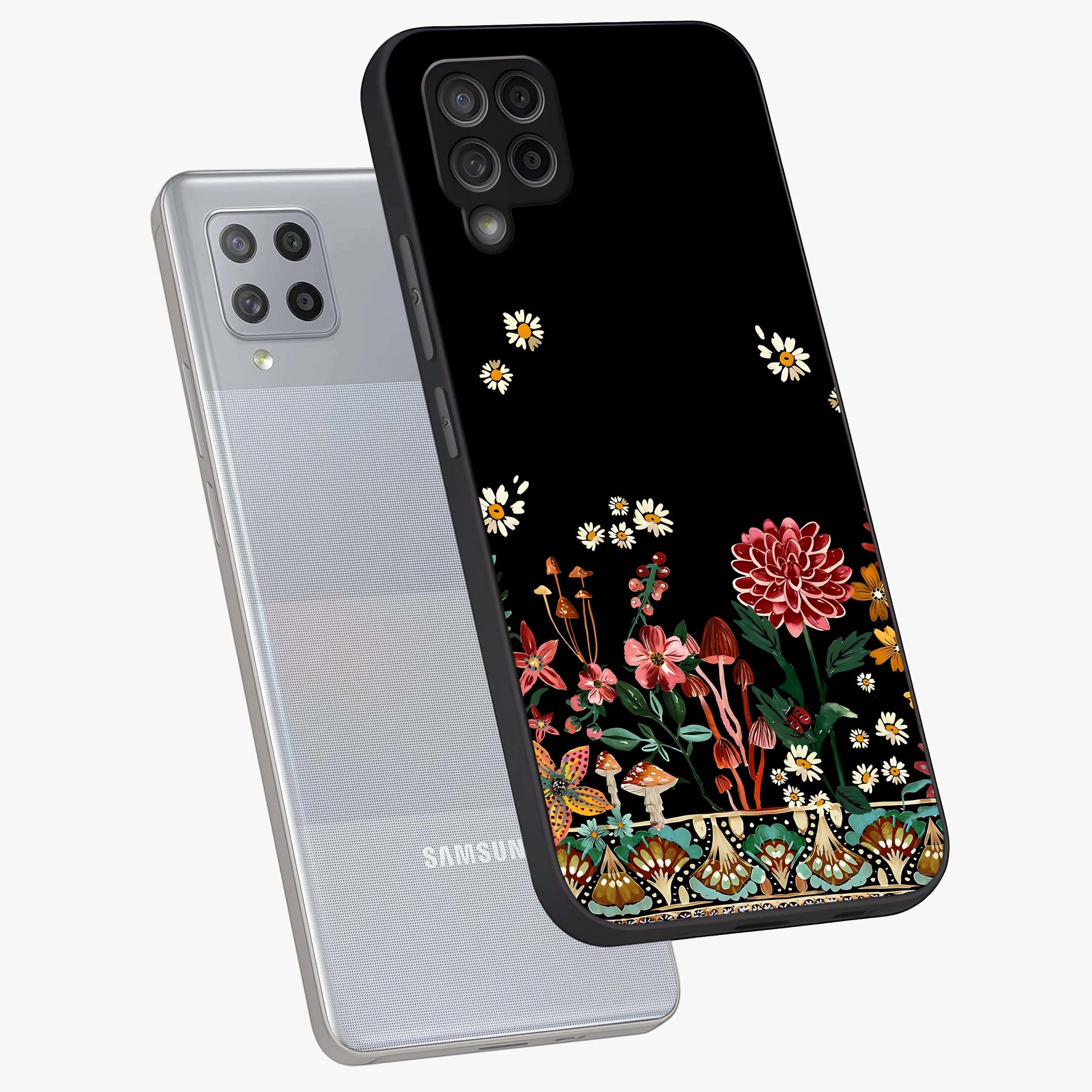 Midnight Bloom Pattern Glass Case displayed in angled mockup highlighting elegant flower design with midnight aesthetic style.