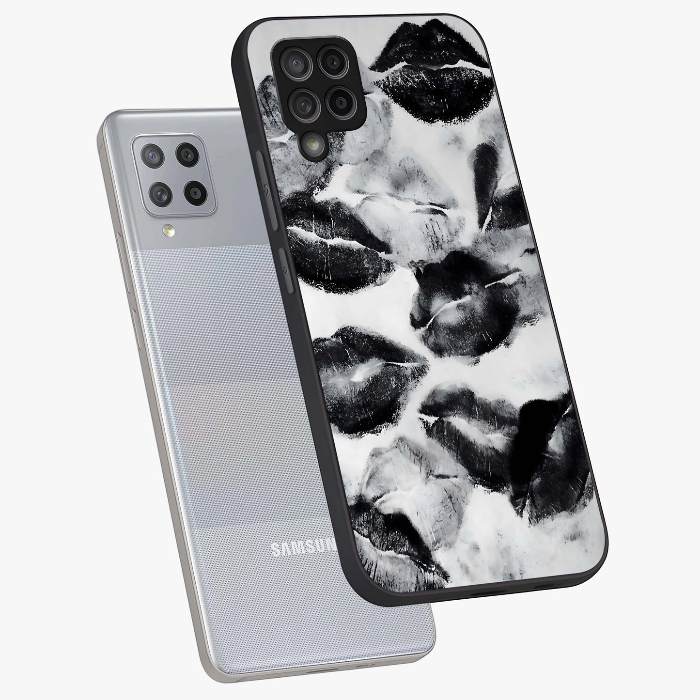 Midnight Kiss Marks Glass Case displayed in angled mockup highlighting playful romantic design with bold midnight aesthetic.