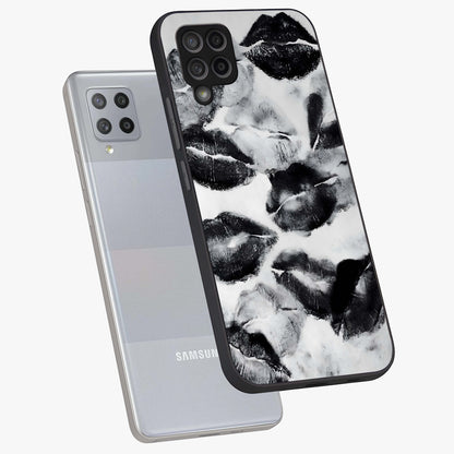 Midnight Kiss Marks Glass Case displayed in angled mockup highlighting playful romantic design with bold midnight aesthetic.