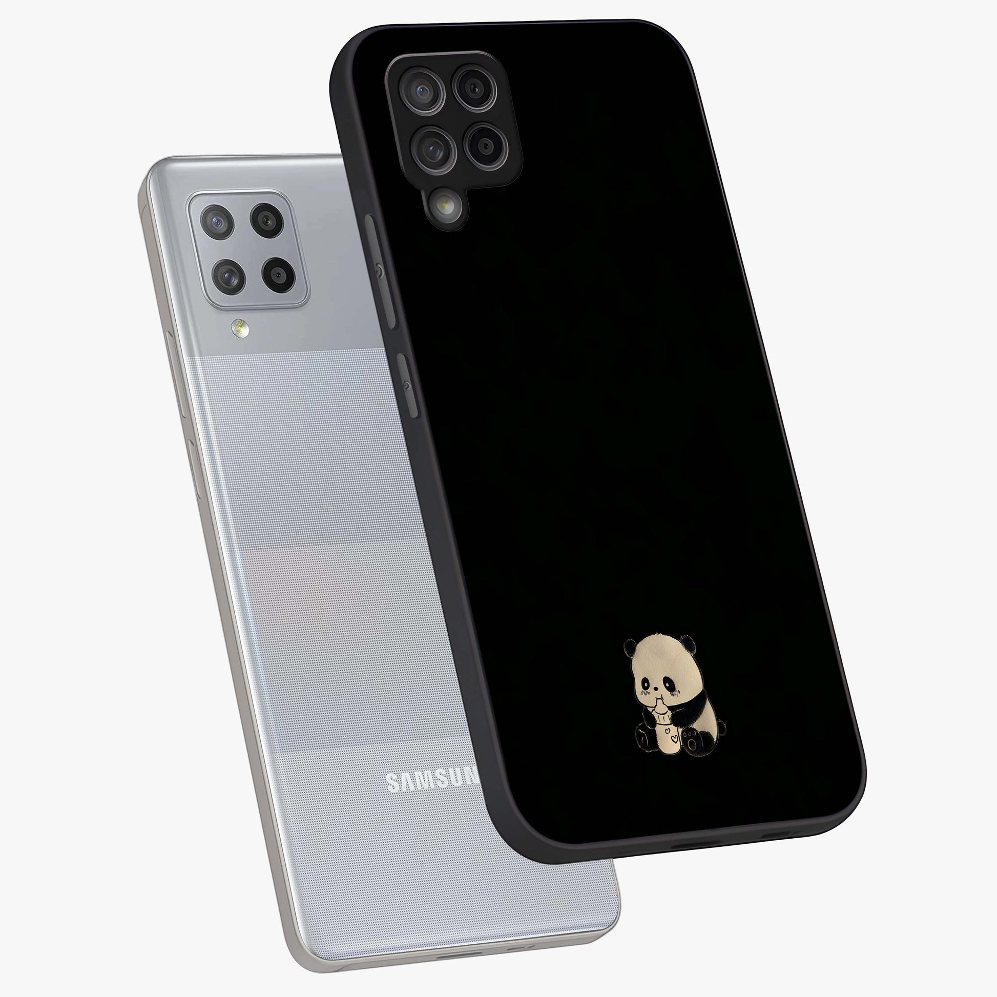 Midnight Panda Love Glass Case displayed in angled mockup highlighting adorable panda illustration with midnight aesthetic.
