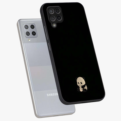 Midnight Panda Love Glass Case displayed in angled mockup highlighting adorable panda illustration with midnight aesthetic.