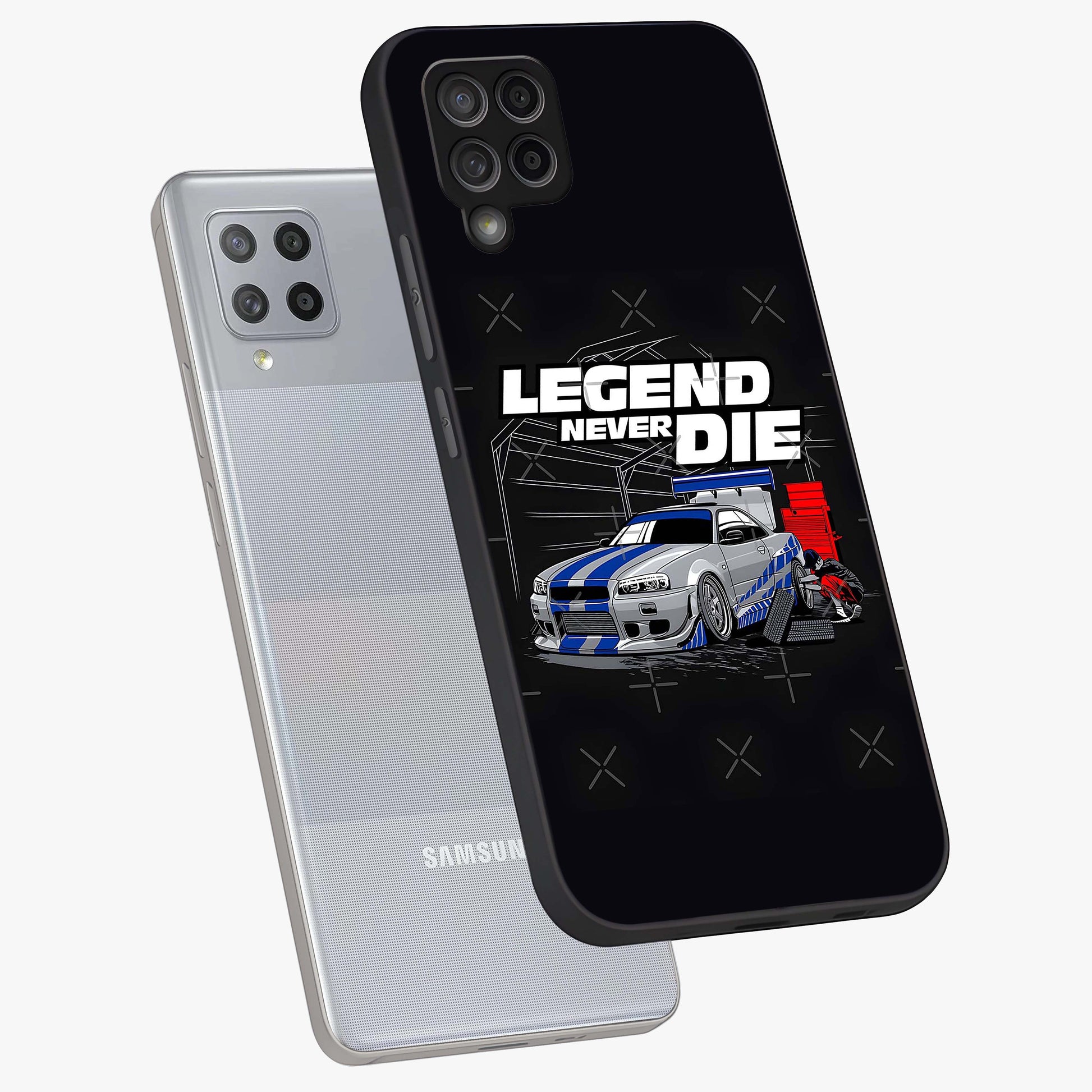Midnight Racing Legacy Glass Case displayed in angled mockup highlighting dynamic automotive design with bold midnight aesthetic.
