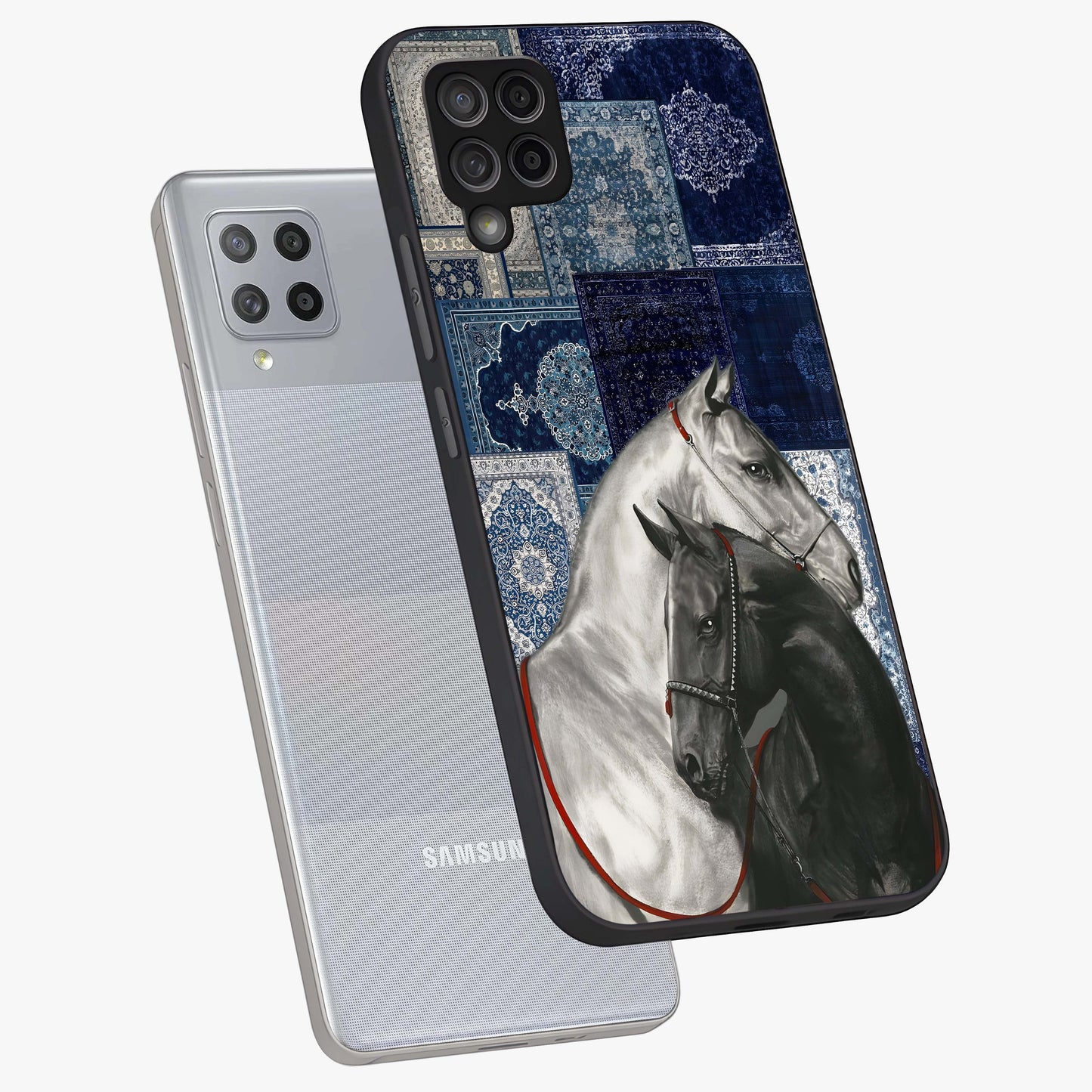 Midnight Stallion Blues Glass Case displayed in angled mockup highlighting powerful stallion illustration with deep midnight tones.