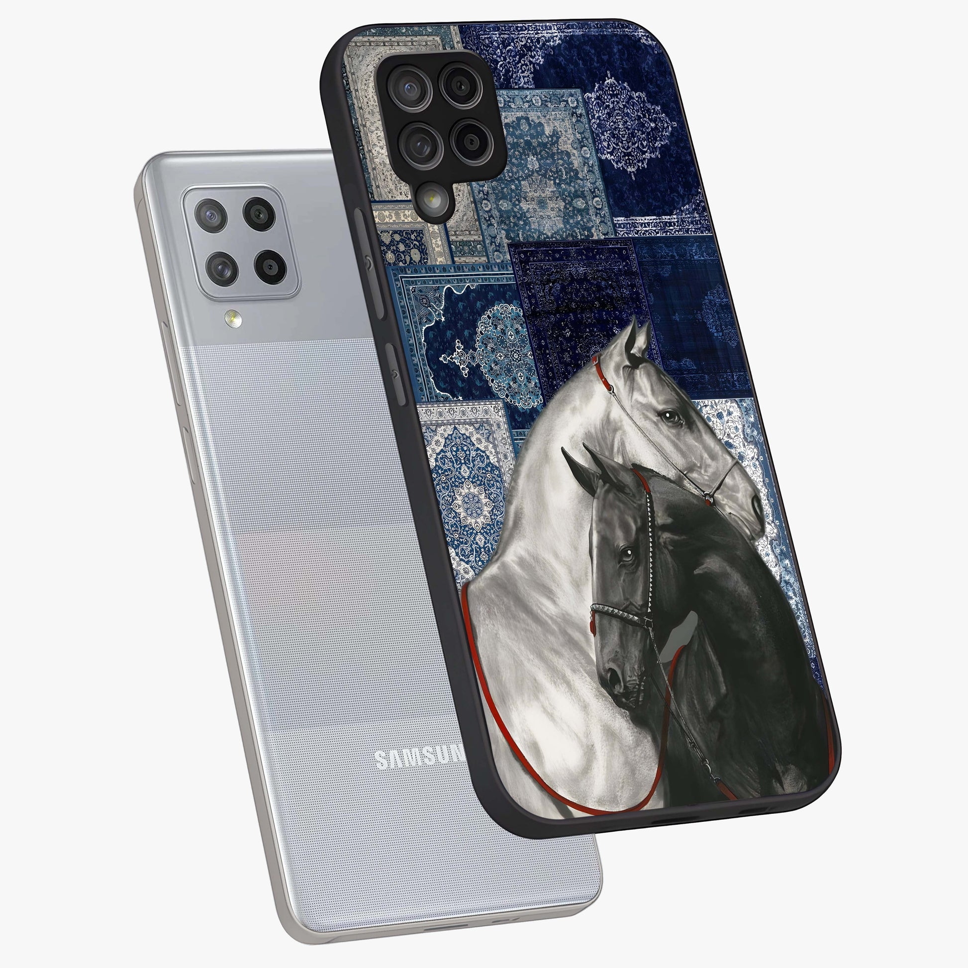 Midnight Stallion Blues Glass Case displayed in angled mockup highlighting powerful stallion illustration with deep midnight tones.