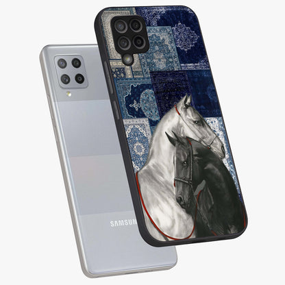 Midnight Stallion Blues Glass Case displayed in angled mockup highlighting powerful stallion illustration with deep midnight tones.