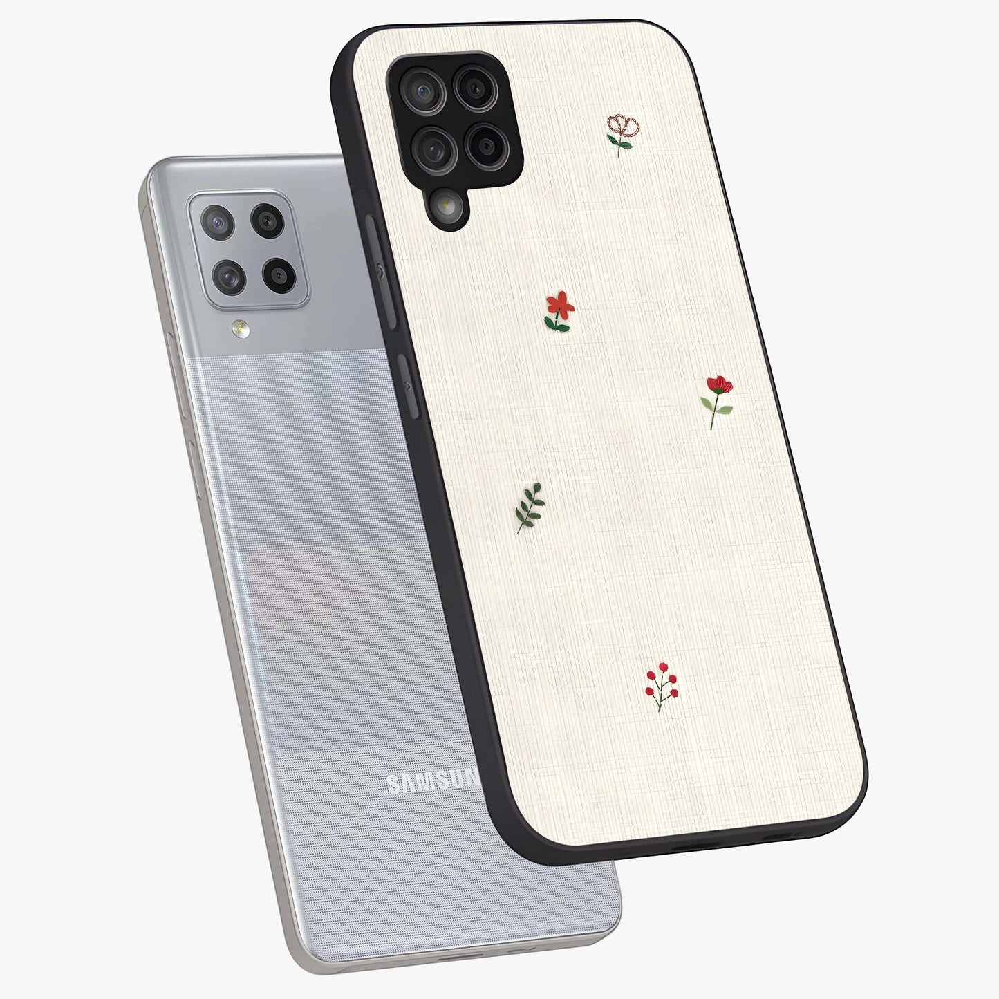 Minimalistic Blue With White Flower Pattern Glass Case displayed in angled mockup highlighting simple floral design with minimal aesthetic.