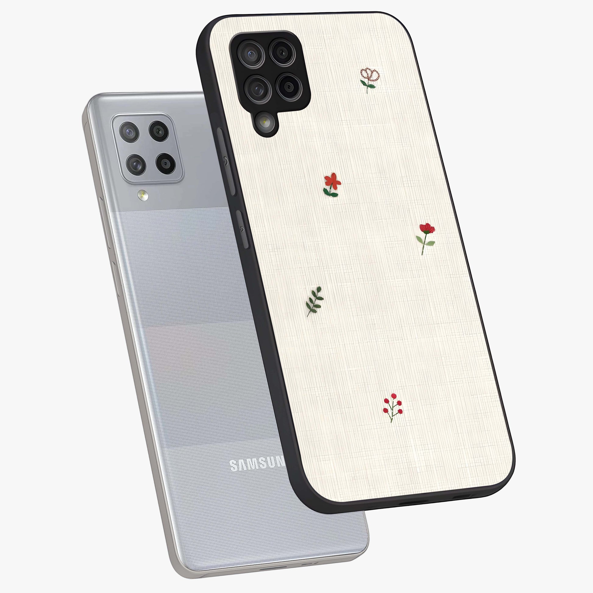Minimalistic Blue With White Flower Pattern Glass Case displayed in angled mockup highlighting simple floral design with minimal aesthetic.