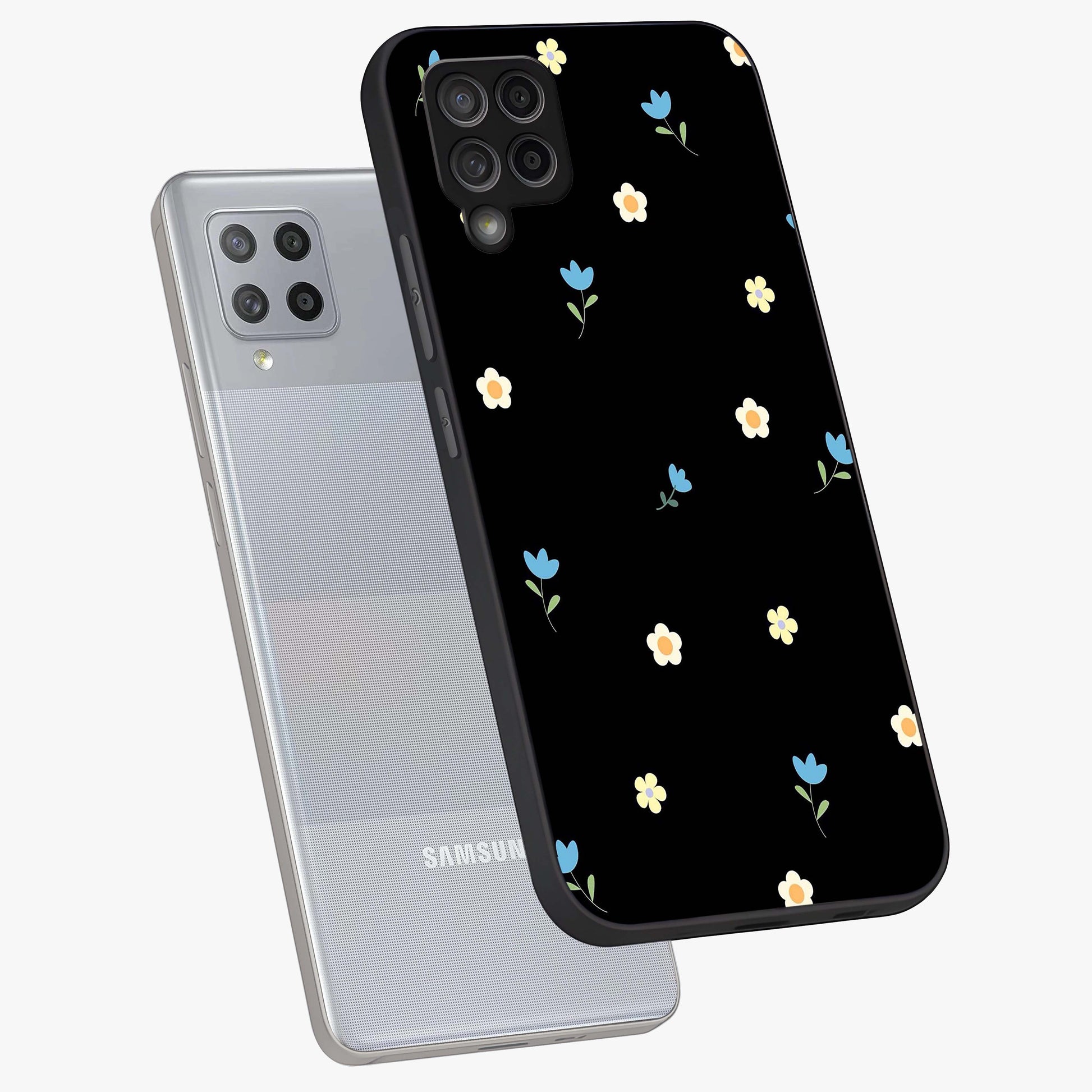 Minimal Petal Whispers Glass Case displayed in angled mockup highlighting delicate petal design with clean minimal aesthetic.