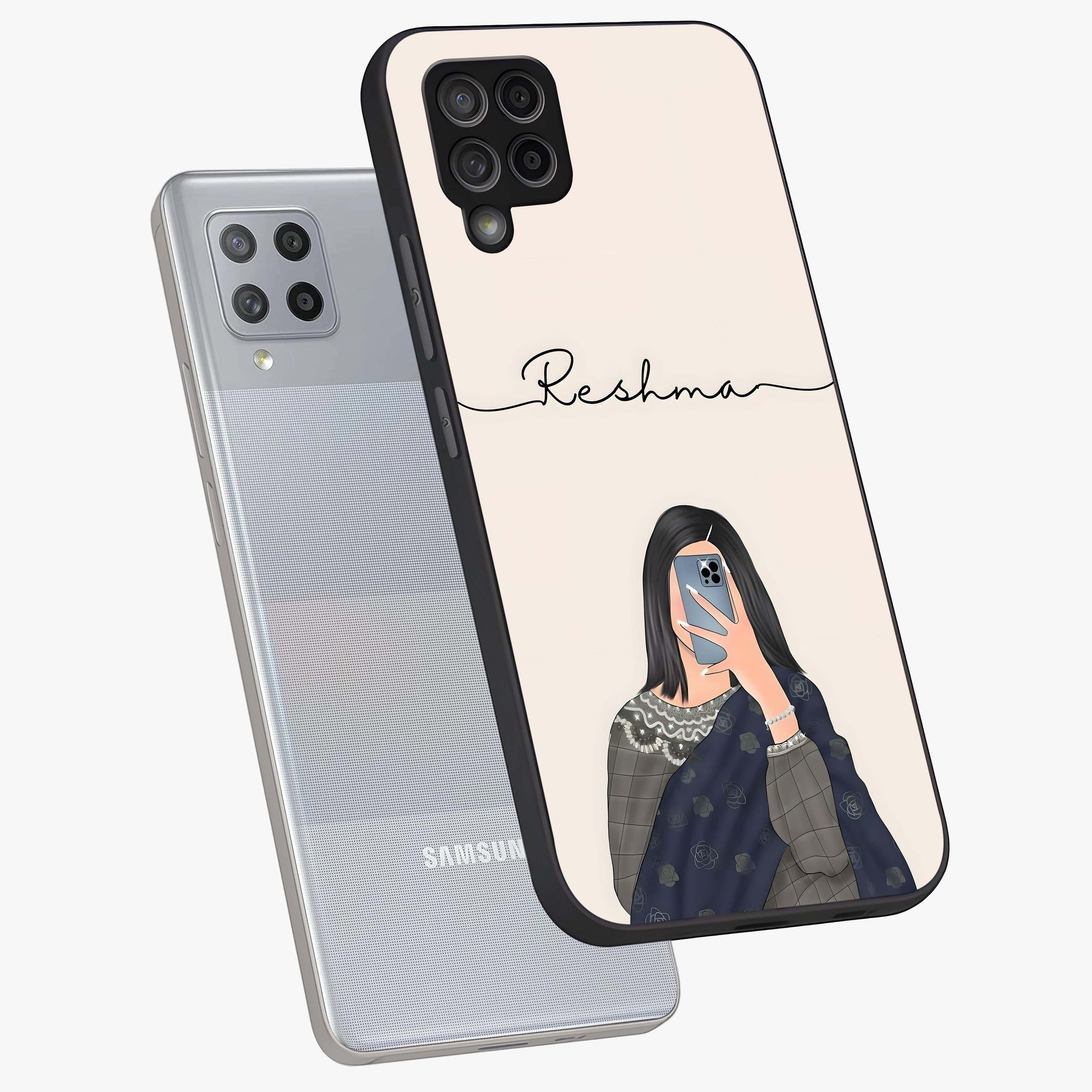 Mirror Mood Muse With Custom Name Glass Case displayed in angled mockup highlighting aesthetic mirror inspired design with custom name feature.