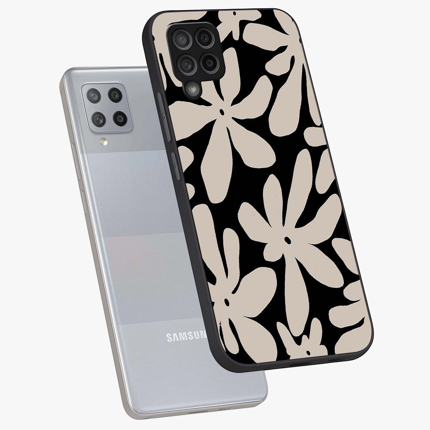 Monochrome Petal Dance Glass Case displayed in angled mockup highlighting elegant petal design with black and white aesthetic.