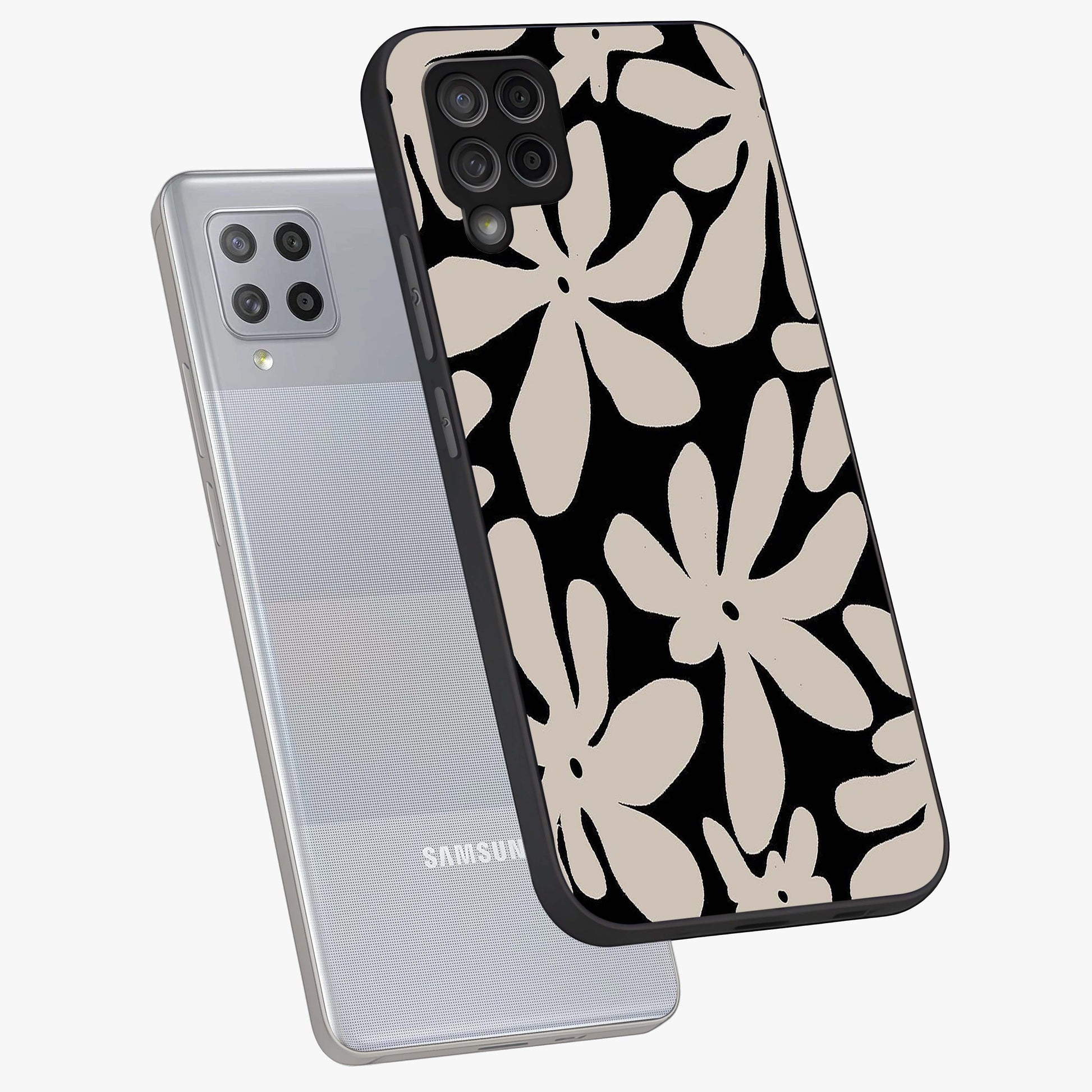 Monochrome Petal Dance Glass Case displayed in angled mockup highlighting elegant petal design with black and white aesthetic.