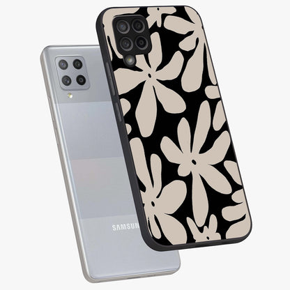 Monochrome Petal Dance Glass Case displayed in angled mockup highlighting elegant petal design with black and white aesthetic.