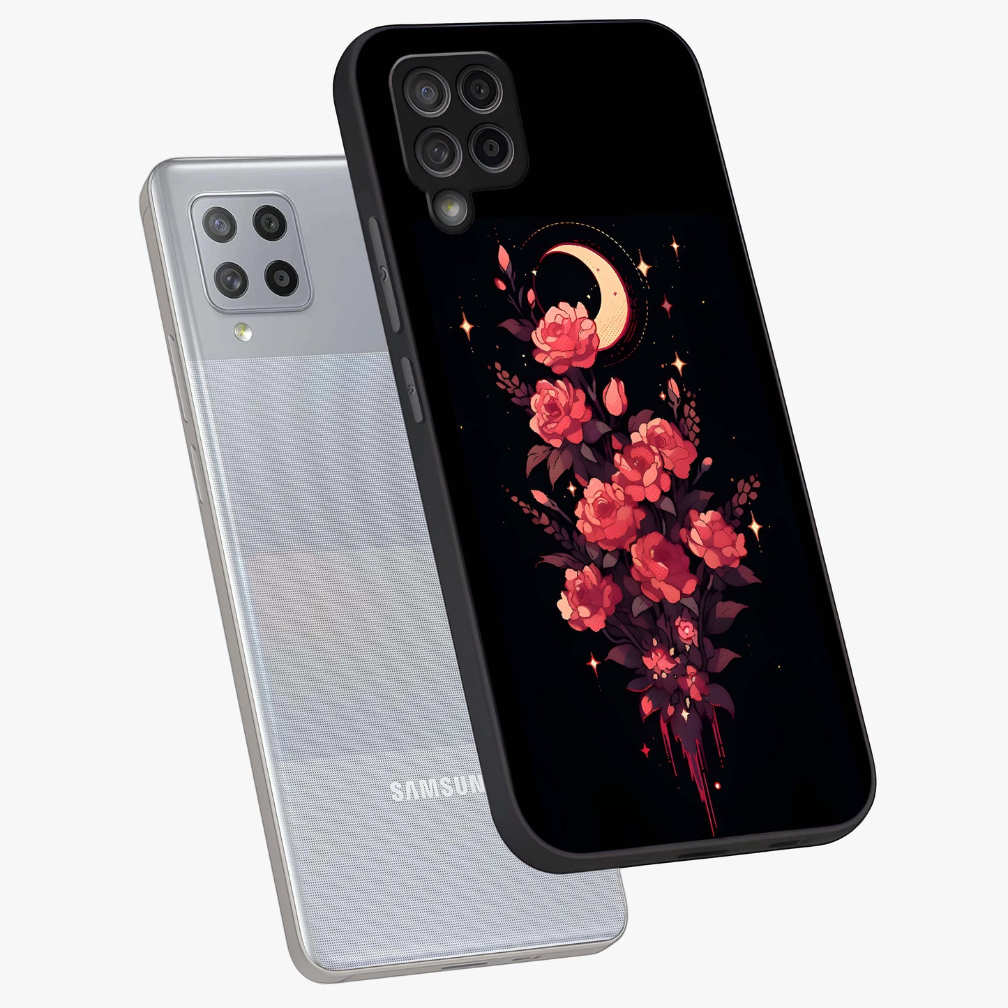 Moonlit Floral Elegance Glass Case displayed in angled mockup highlighting graceful flower design with soft moonlight aesthetic.