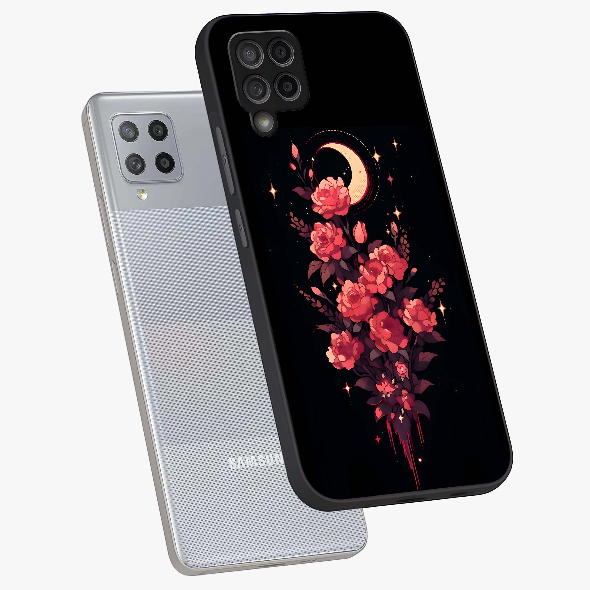 Moonlit Floral Elegance Glass Case displayed in angled mockup highlighting graceful flower design with soft moonlight aesthetic.