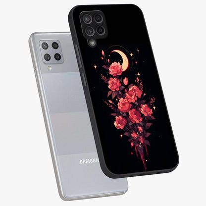 Moonlit Floral Elegance Glass Case displayed in angled mockup highlighting graceful flower design with soft moonlight aesthetic.