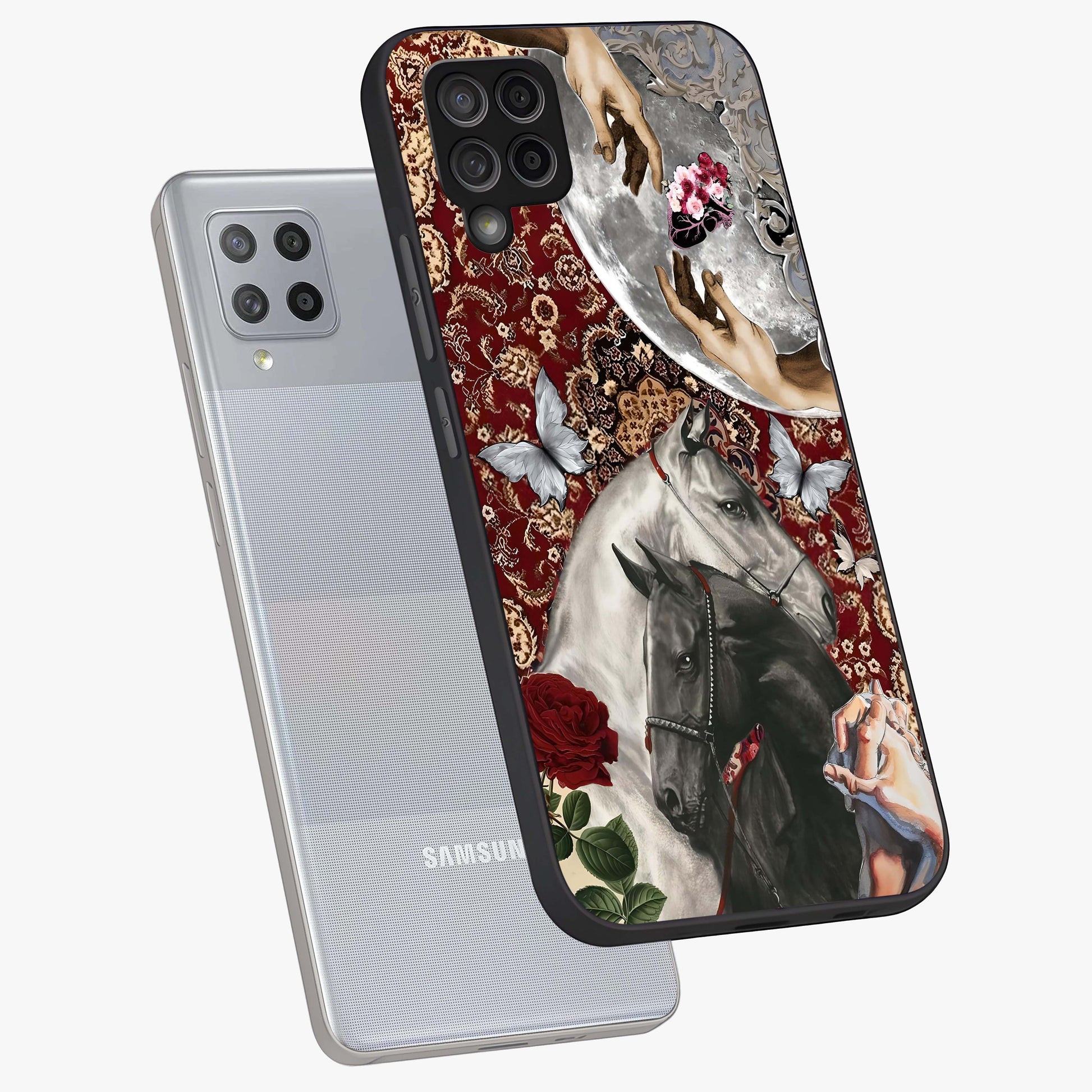 Moonlit Royal Stallion Glass Case displayed in angled mockup highlighting powerful stallion illustration with royal night aesthetic.