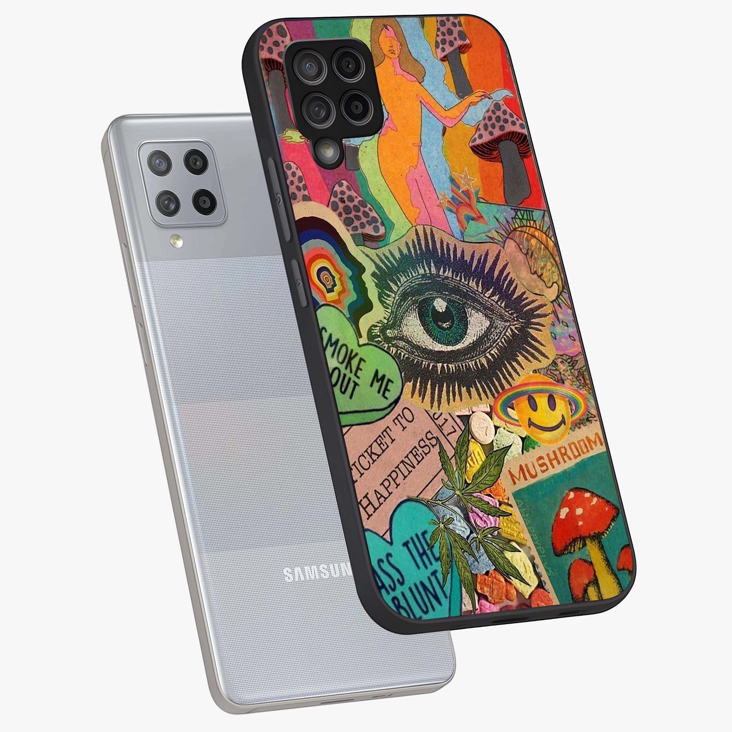 Mystic Eye Wonderland Glass Case displayed in angled mockup highlighting magical eye illustration with dreamy aesthetic.