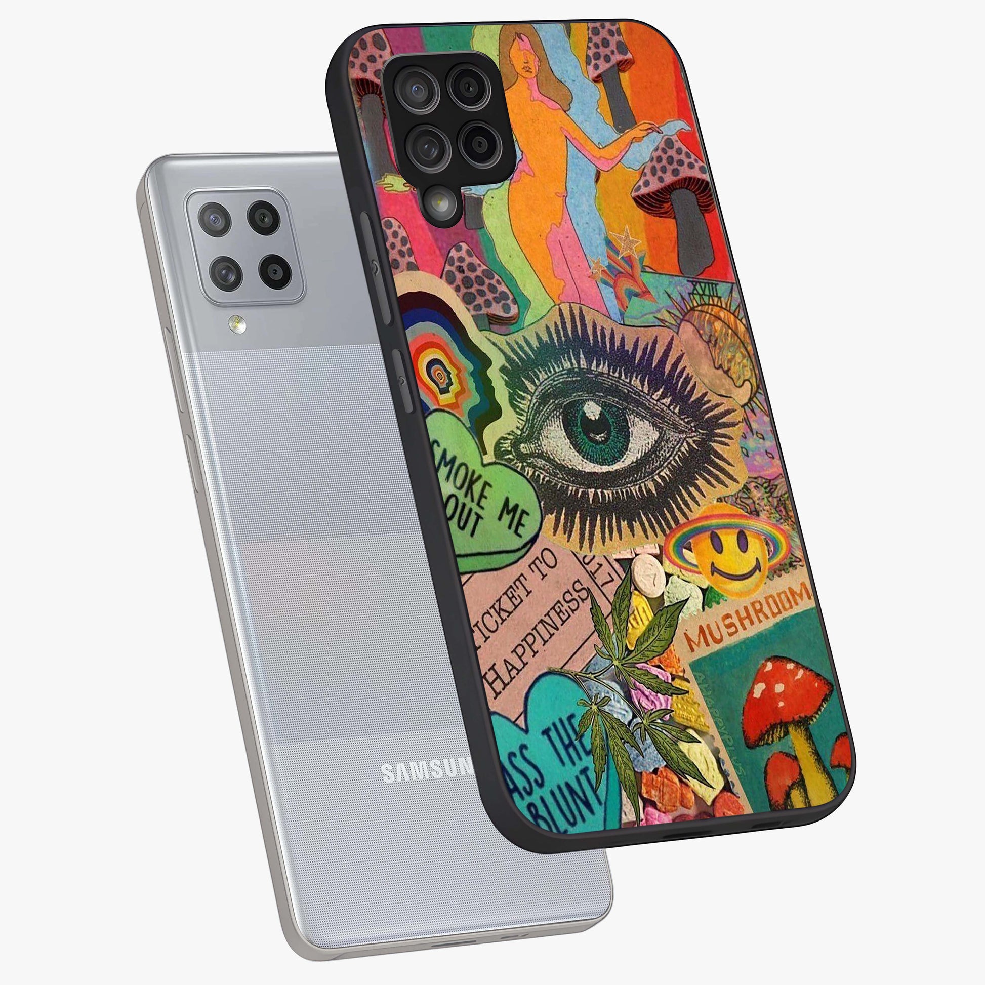 Mystic Eye Wonderland Glass Case displayed in angled mockup highlighting magical eye illustration with dreamy aesthetic.