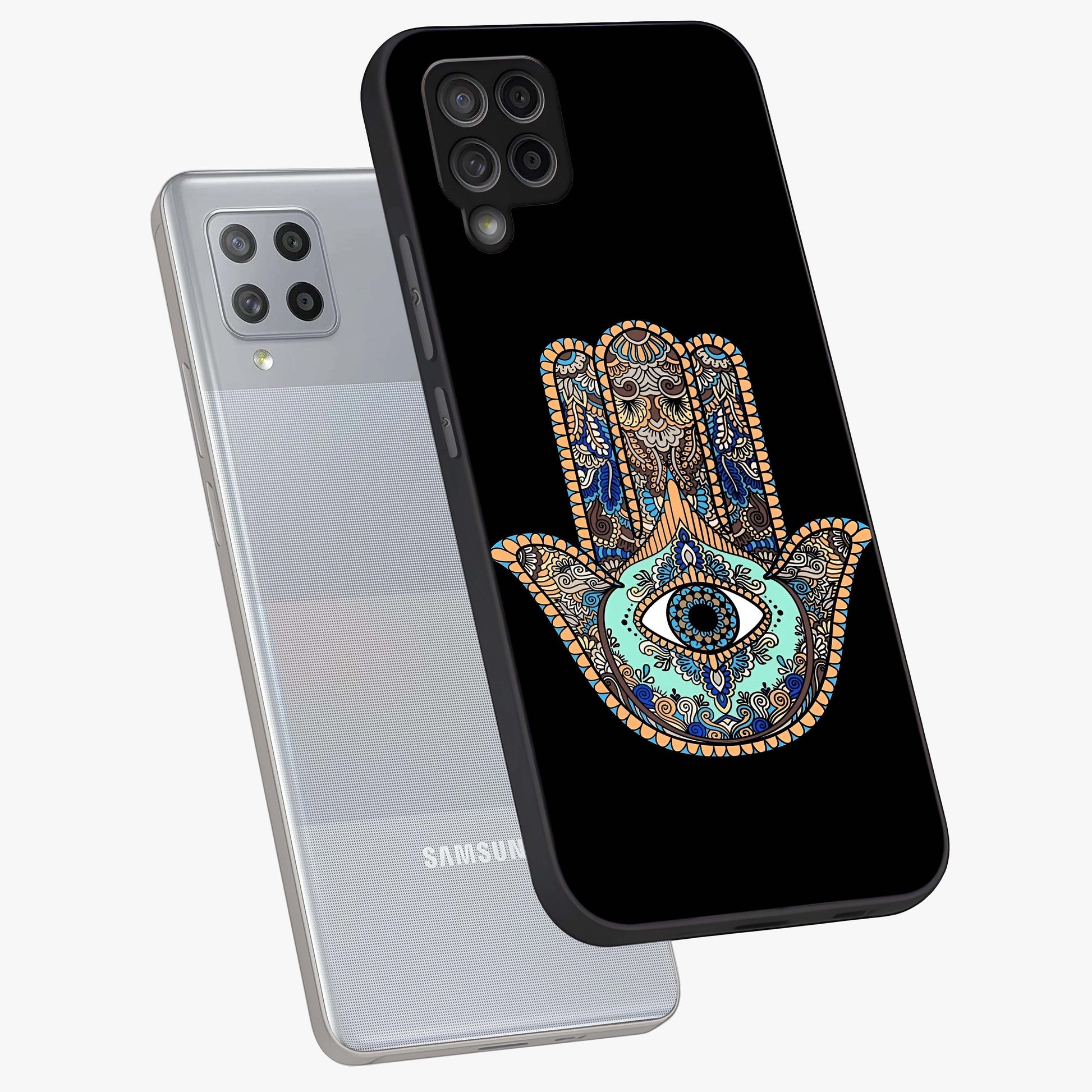 Mystic Hamsa Eye Glass Case displayed in angled mockup highlighting spiritual hamsa symbol with mystical aesthetic style.