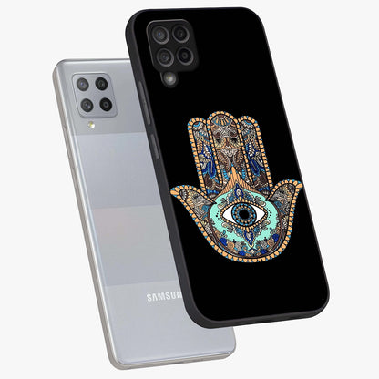 Mystic Hamsa Eye Glass Case displayed in angled mockup highlighting spiritual hamsa symbol with mystical aesthetic style.