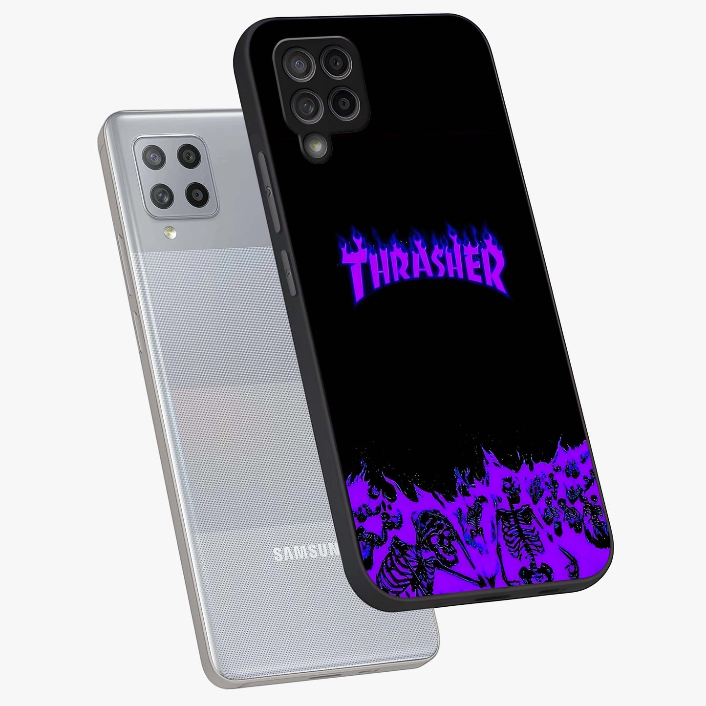 Neon Flame Riot Glass Case displayed in angled mockup highlighting glowing flame design with vibrant neon aesthetic.