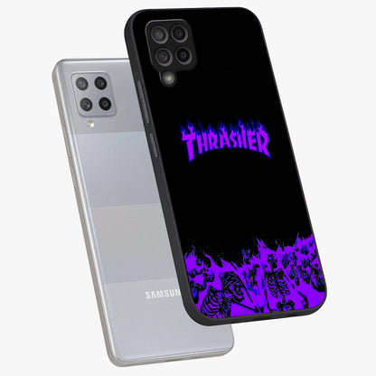Neon Flame Riot Glass Case displayed in angled mockup highlighting glowing flame design with vibrant neon aesthetic.