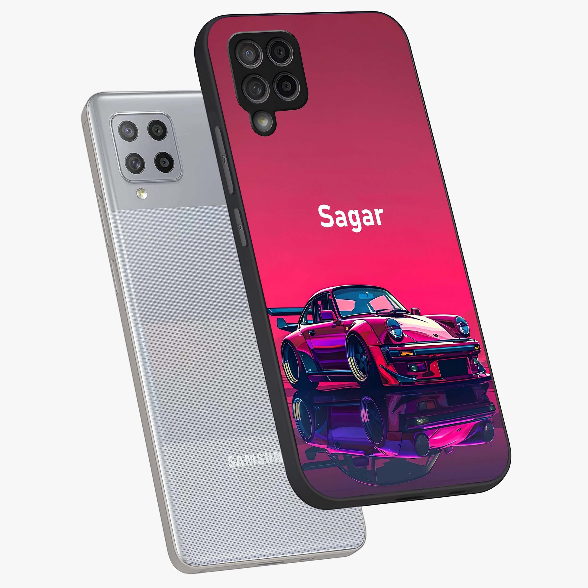 Neon Pink Porsche Glass Case displayed in angled mockup highlighting sleek neon pink car design with racing aesthetic.